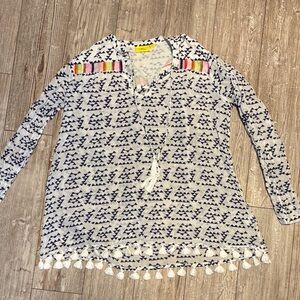 Roller Rabbit Boho Blue and White Patterned Tunic with Tassel Accents